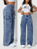 Calça Jeans Feminina Cargo Wide Leg Marmorizada Pantalona Boca Larga Bolso Lateral