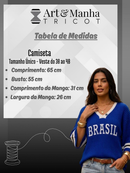 Camiseta Brasil Feminina Copa do Mundo Tricot Canelado Manga Morcego Gola V Linho Moda Verão