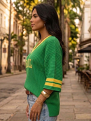 Camiseta Brasil Feminina Copa do Mundo Tricot Canelado Manga Morcego Gola V Linho Moda Verão