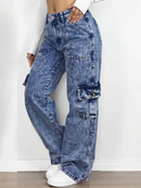 Calça Jeans Feminina Cargo Wide Leg Marmorizada Pantalona Boca Larga Bolso Lateral