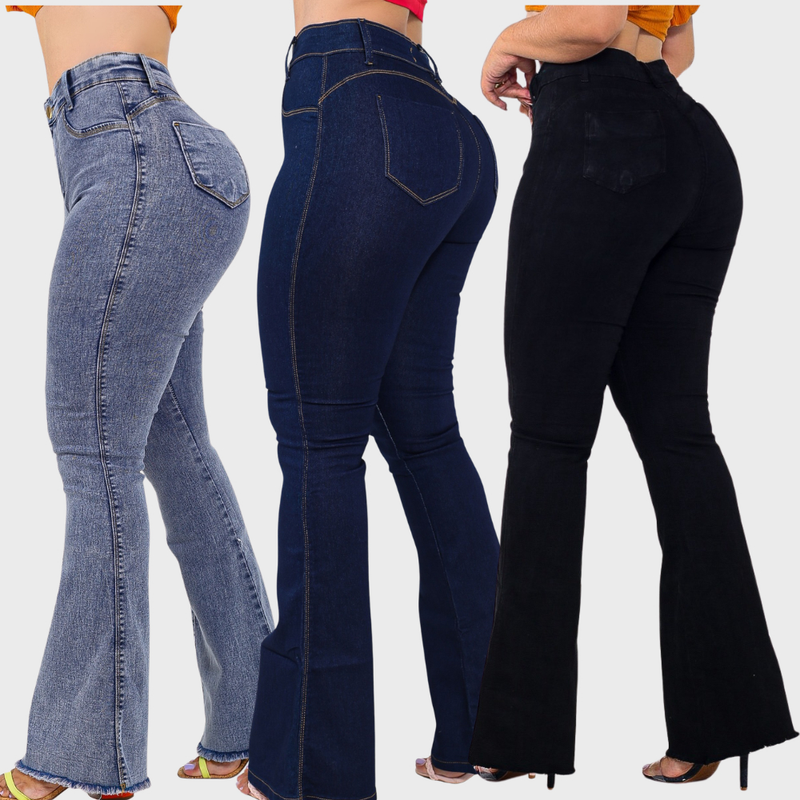 KIT 3 CALÇAS JEANS FLARE FEMININA CÓS ALTO LEVANTA BUMBUM COM LYCRA
