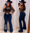 Calça Jeans Feminina Flare Country Rodeio de Luxo com Strass – Cintura Alta com Lycra