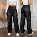 Calça Feminina Wide Leg Cintura Alta Couro Premium Preta Modeladora