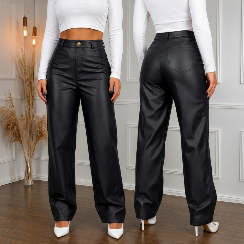 Calça Feminina Wide Leg Cintura Alta Couro Premium Preta Modeladora