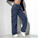 Calça Jeans Wide Leg Cargo Feminina Cintura Alta Premium